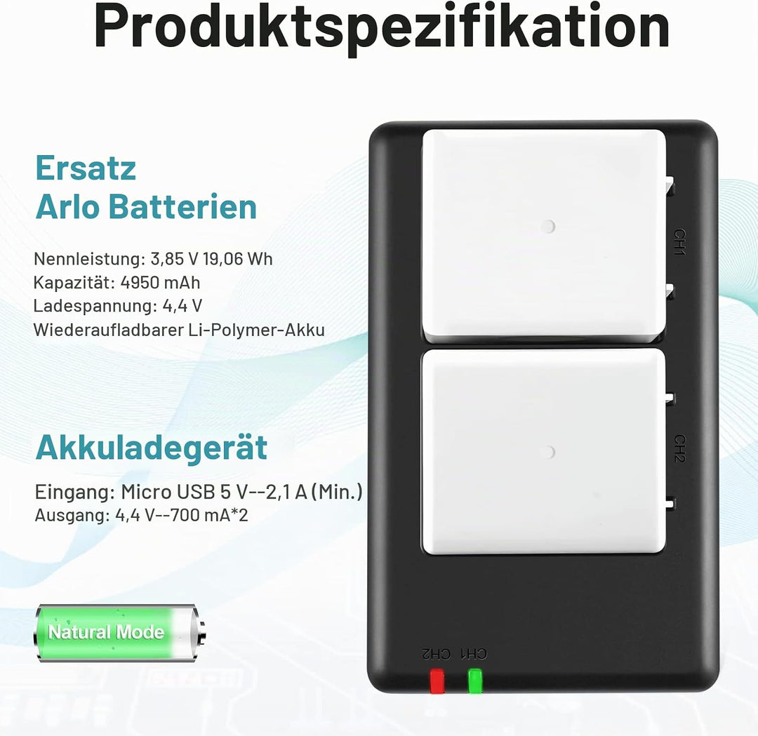 Rapthor 2-Pack 4950mAh Ersatzbatterien mit Ladegerät Kompatibel mit Arlo Pro 4/Pro 3/Ultra/Ultra 2 D
