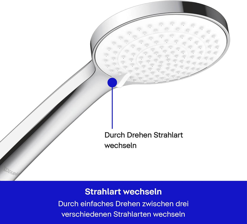 Duravit Universal Duschkopf, Duschbrause mit 3 Strahlarten (Rain, Intense Rain, Soft Rain), Handbrau