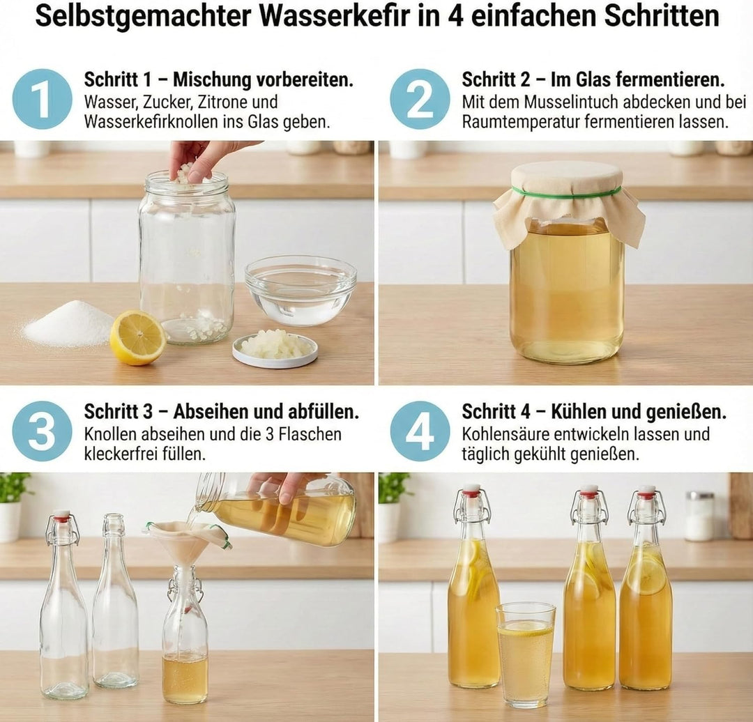 Kefir & Kombucha Starter Set | 2L Glasgefäss | 3 hermetische 750ml Bügelflaschen | 10cm Trichter & M