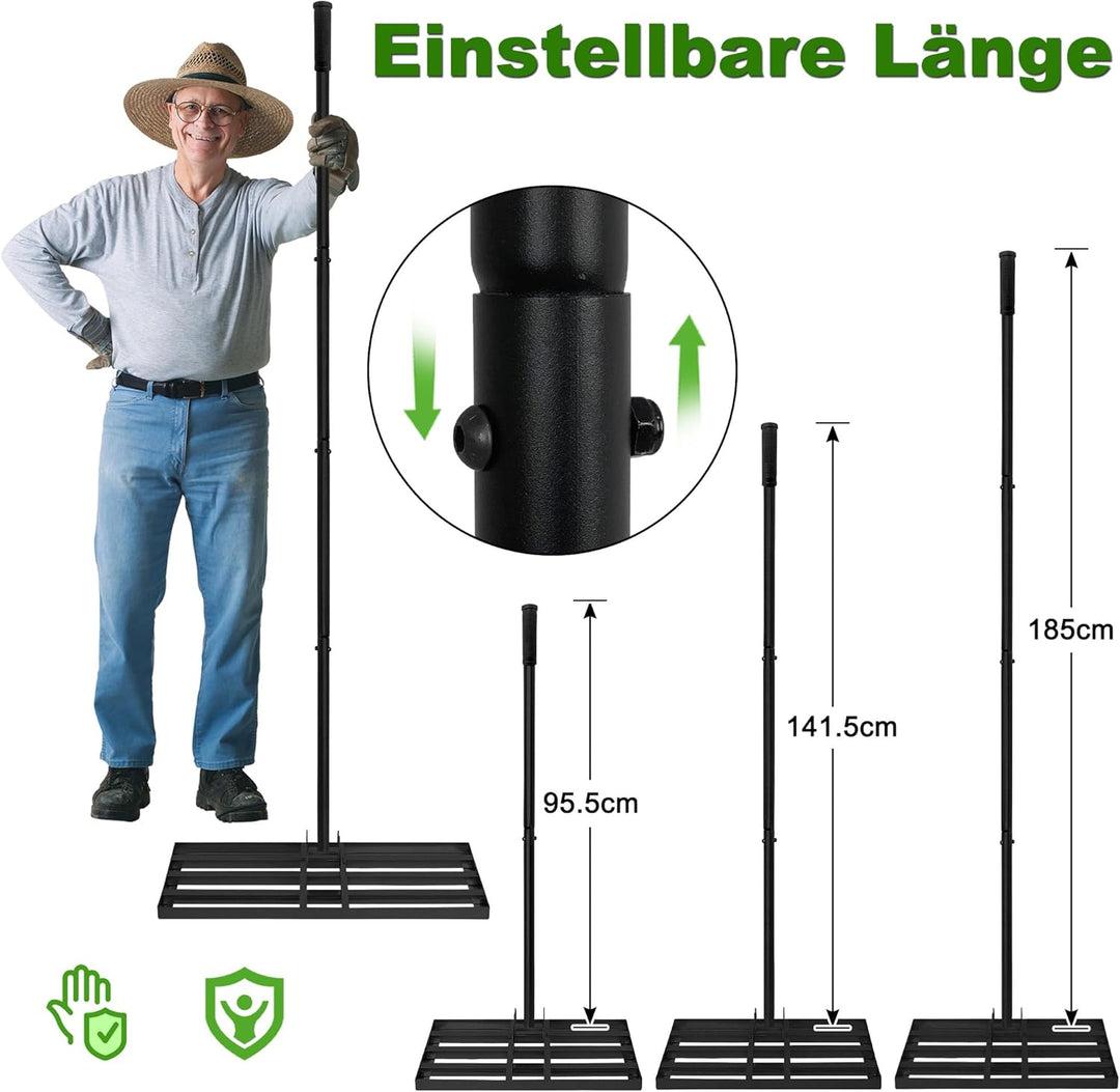 Lawn Leveling Rake Rakel 50x25 cm Schwarz, Verstellbarer Nivellierrechen 95,5–185 cm mit Edelstahl-G