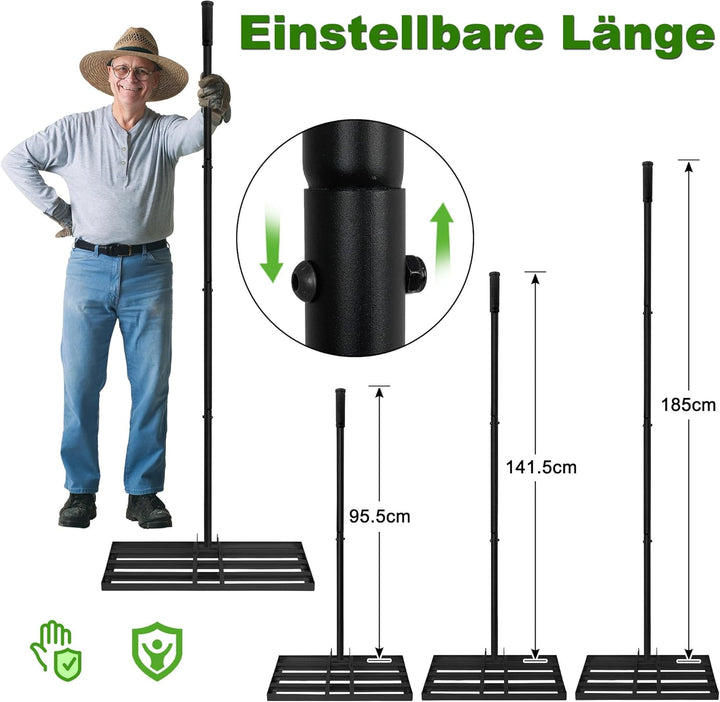 Lawn Leveling Rake Rakel 50x25 cm Schwarz, Verstellbarer Nivellierrechen 95,5–185 cm mit Edelstahl-G