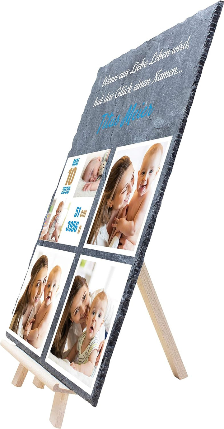 wandmotiv24 Schieferplatte mit eigenen Fotos zur Geburt, 20 x 30 cm, inklusive Staffelei, 5 Fotos +