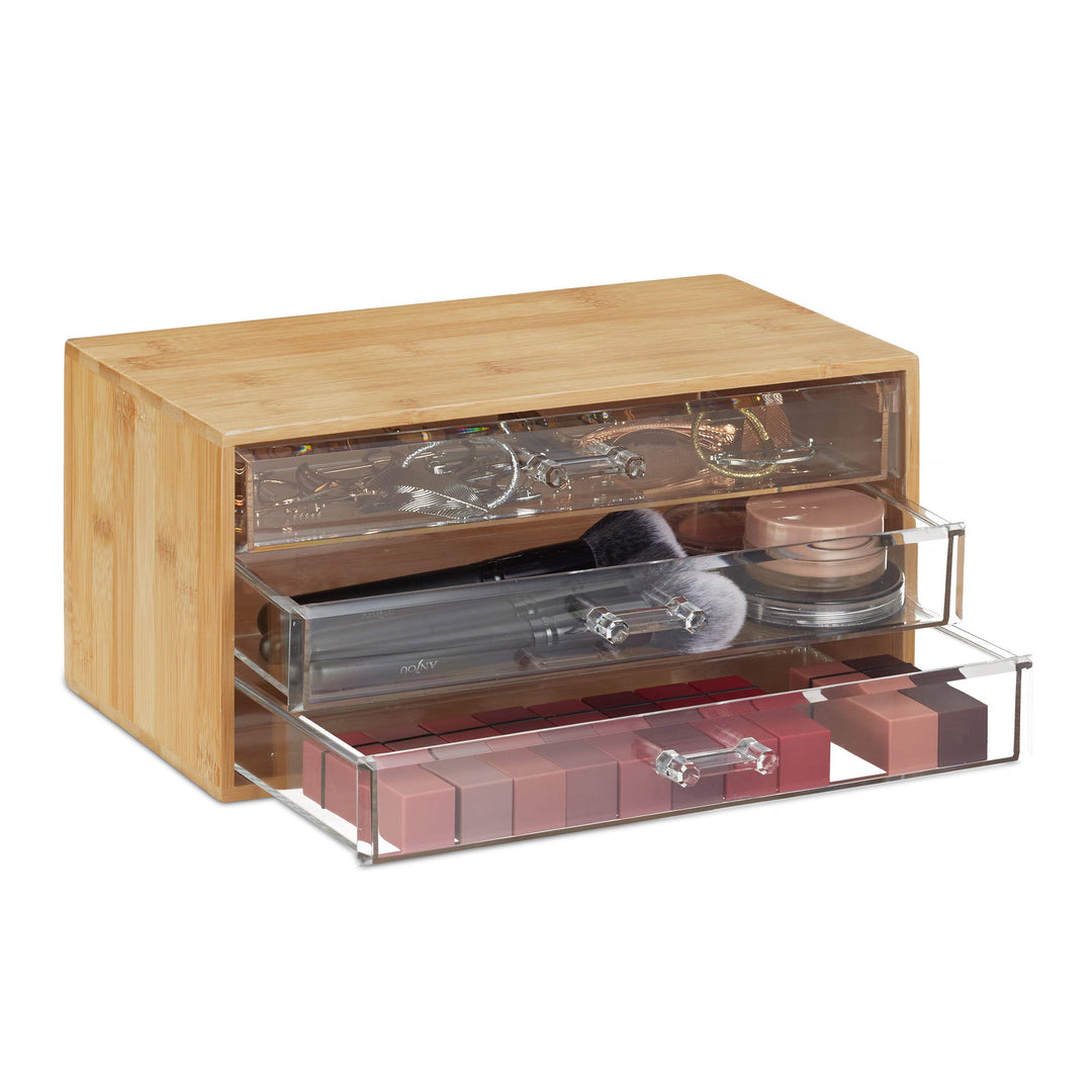 Relaxdays Kosmetik Organizer, 3 Schubladen, Make Up &amp; Schmuckaufbewahrung, HBT 15x30x17,5cm, Bambus