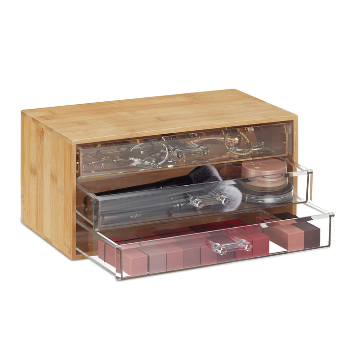 Relaxdays Kosmetik Organizer, 3 Schubladen, Make Up &amp; Schmuckaufbewahrung, HBT 15x30x17,5cm, Bambus