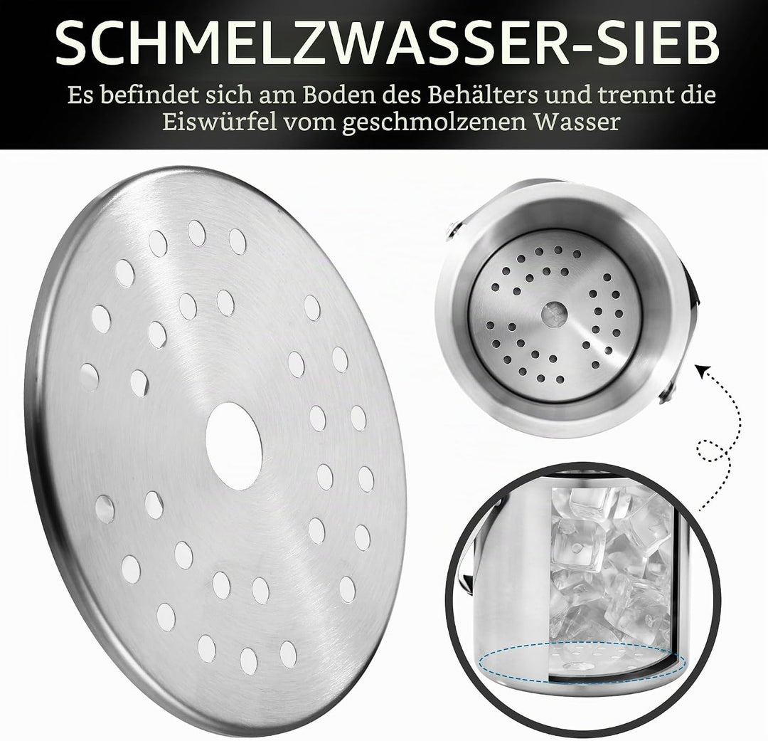 2L Eiswürfelform, Eiskübel mit deckel,Eiswürfelbehälter edelstahl mit Clips und Sieb, ideal für Part