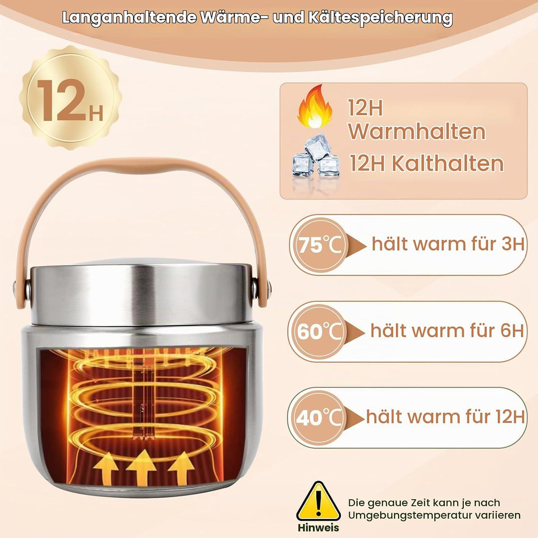 Thermobehälter für Essen 1200ml, Essensbehälter, Silber, Silber