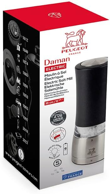 PEUGEOT - elektrische u‘Select-Salzmühle Daman 16 cm + Steinsalz - 6 voreingestellte Mahlgrade - Alu