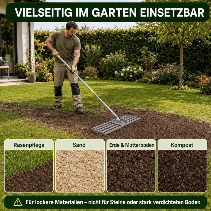 Rasenrakel 213 cm, 76 x 25 cm Rasen-Nivelliergerät aus Edelstahl, Ergonomischer Rasen-Nivellierreche