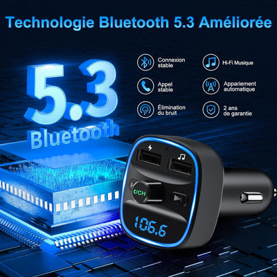 Bluetooth 5.3 FM Transmitter, KFZ Bluetooth Adapter Auto Radio, 2 USB Autoladegerät LED Display Auto