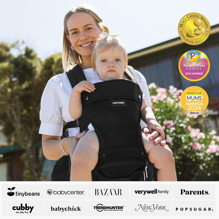 Momcozy Babytrage mit Hüftkissen, 2-in-1 Verstellbare &amp; Abnehmbare Babytrage bis 20kg, Atmungsaktive