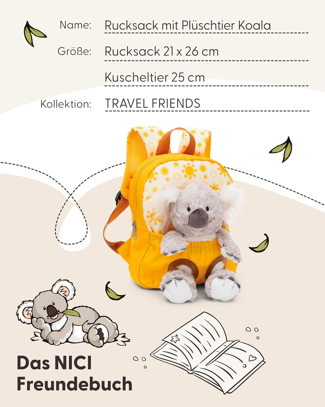 NICI Kinderrucksack gelb 2 in 1 mit Kuscheltier Koala 25cm - Kindergartenrucksack Mädchen & Jungen -