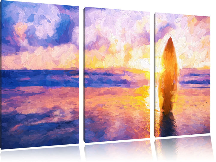 Pixxprint Surfbrett am Strand als Leinwandbild/Grösse: 3 Teilig (120x80 cm) cm/Wandbild/Kunstdruck/f