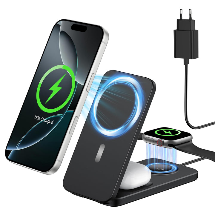 Ladestation Apple Watch und iPhone, Magnetische 3 in 1 Ladestation für iPhone 17/16/15/14/13/12 Seri