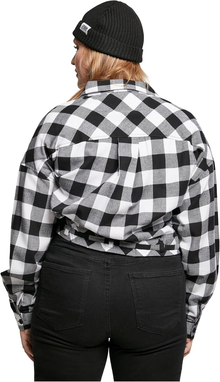 Urban Classics Damen Ladies Short Oversized Check Shirt Hemd 3XL Grosse Grössen Extra Tall Black/Whi