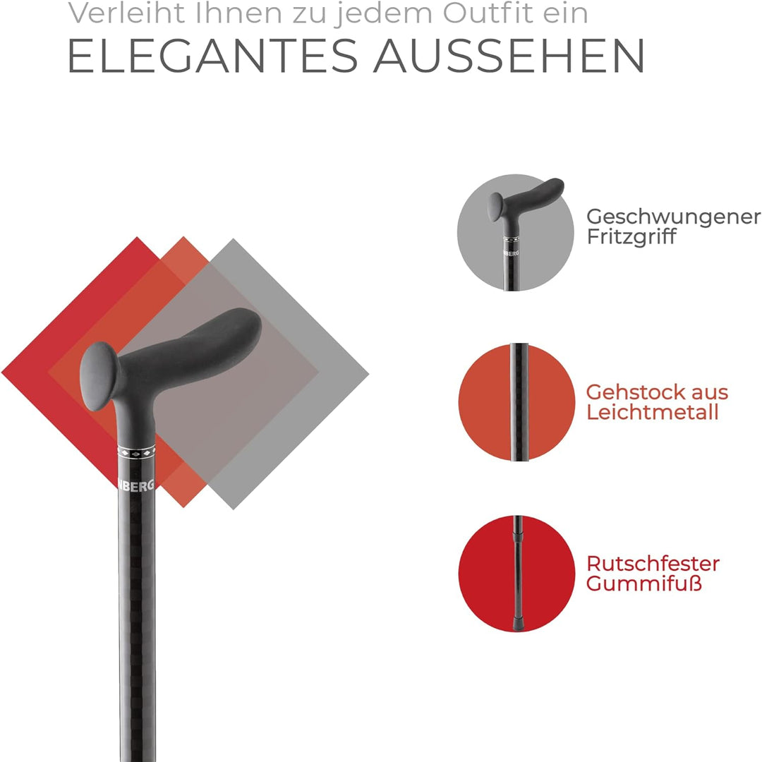 Ossenberg Carbonstock in Schachbrett Muster - schwarz glänzend - mit Cosy Griff - Verstellbarer Carb