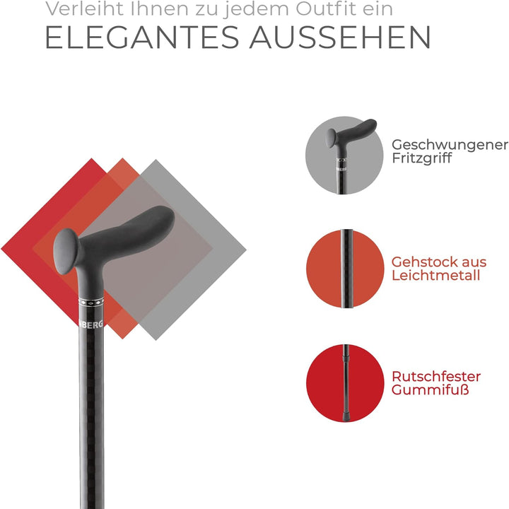 Ossenberg Carbonstock in Schachbrett Muster - schwarz glänzend - mit Cosy Griff - Verstellbarer Carb