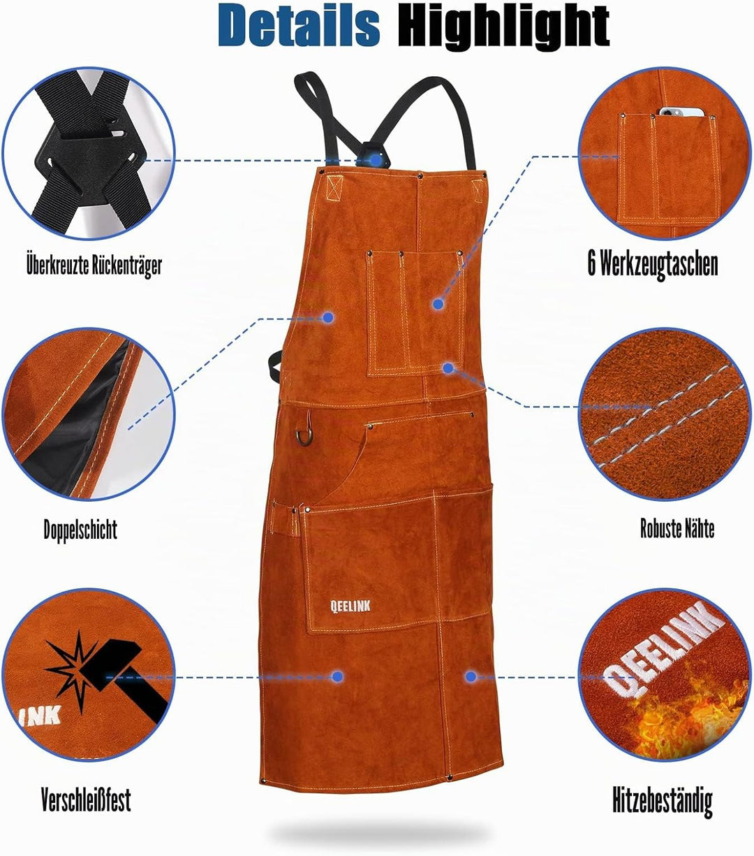 QeeLink Schweisserschürze Leder mit 6 Taschen, Lederschürze – Flammhemmende &amp; Hitzebeständige Arbeit