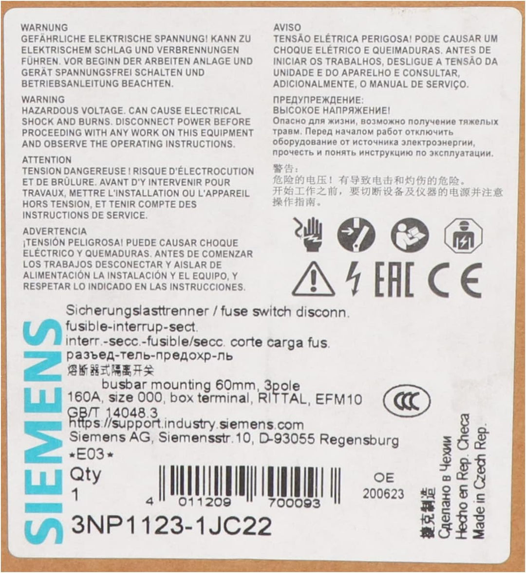 Siemens – secciónador/secciónable Switch 3 Polen NH000 160 A 60 mm efm10