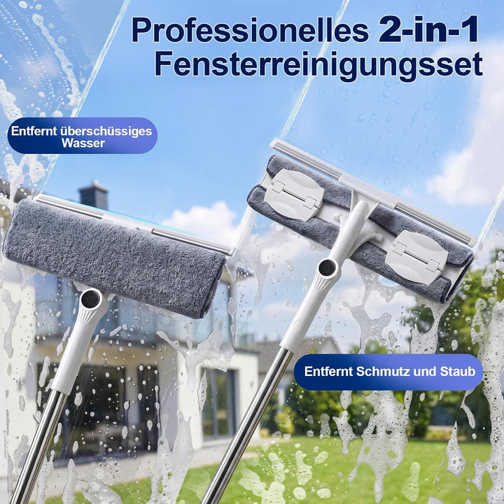 4m Teleskop Fensterputzer Set mit 2 Fensterabzieher für hohe Fenster | 2 in 1 Teleskopstange Fenster