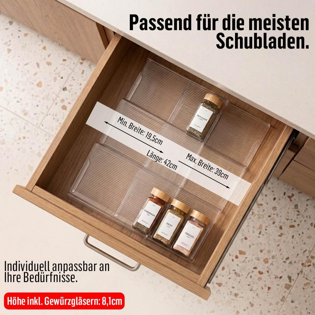 Deco haus® Gewürzregal Schublade [MIT 24 GEWÜRZGLÄSER & ETIKETTEN] - Gewürz Organizer Schublade - Ge