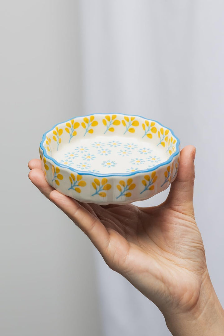 Tranquillo 6er Set Tarteletteform aus Steinzeug mit handgestempeltem Print blau/gelb Floral/Retro, Ø