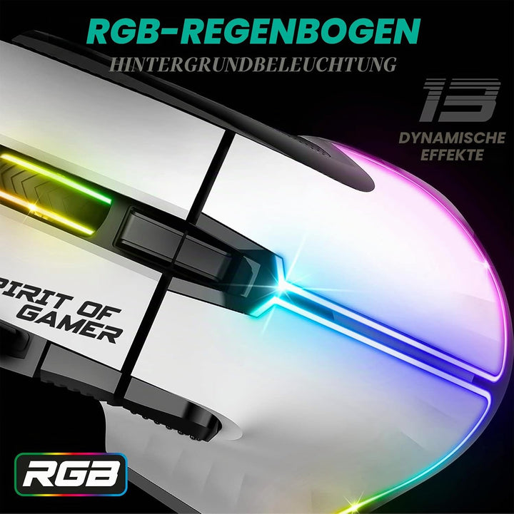 SPIRIT OF GAMER | Weiss Gaming Maus PC mit 12800 DPI | RGB Maus mit 8 Programmierbaren Tasten darunt