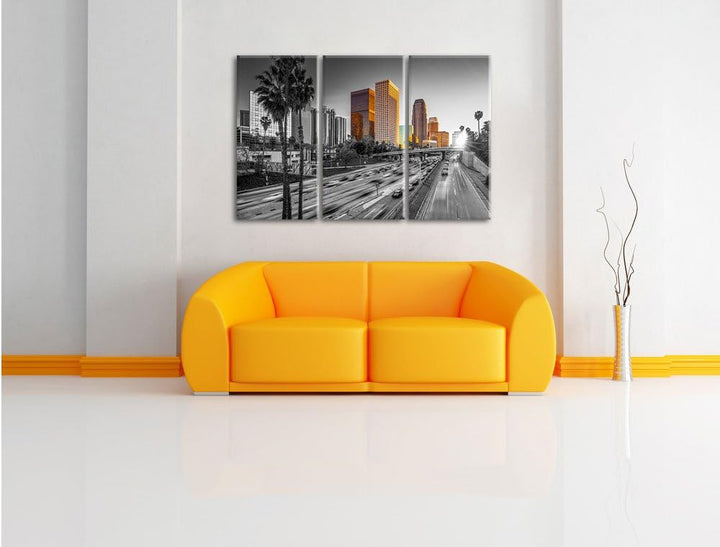 Pixxprint Strassenverkehr in Los Angeles Schwarz/Weiss 3-Teiler Leinwandbild 120x80 Bild auf Leinwan