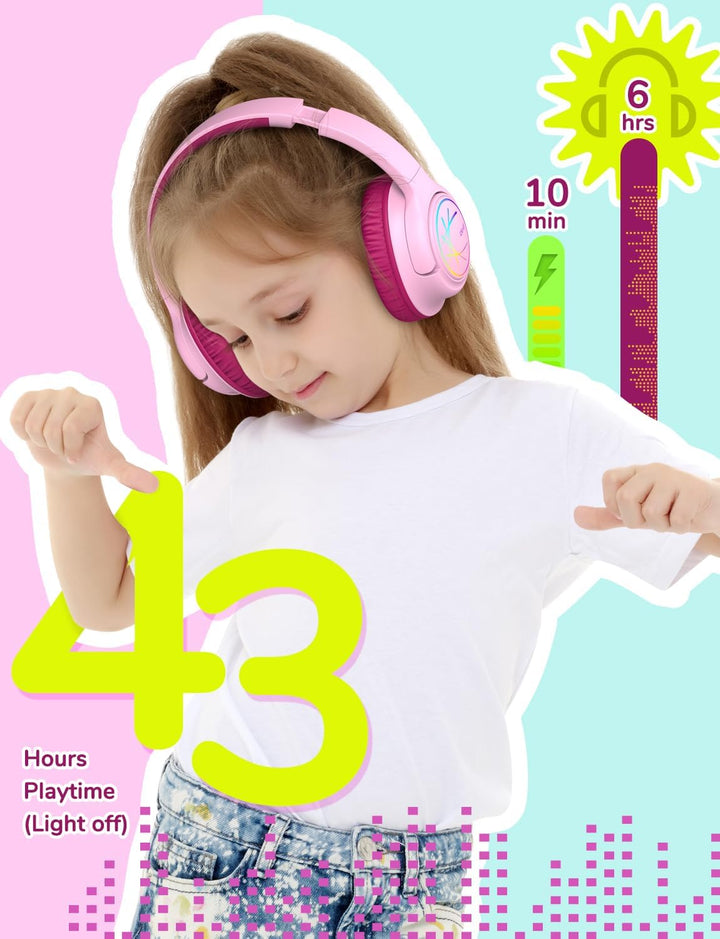 iClever Bluetooth kopfhörer Kinder mit LED-Leuchten, 74/85/94dB Lautstärkebegrenzung, 43 Stunden Spi