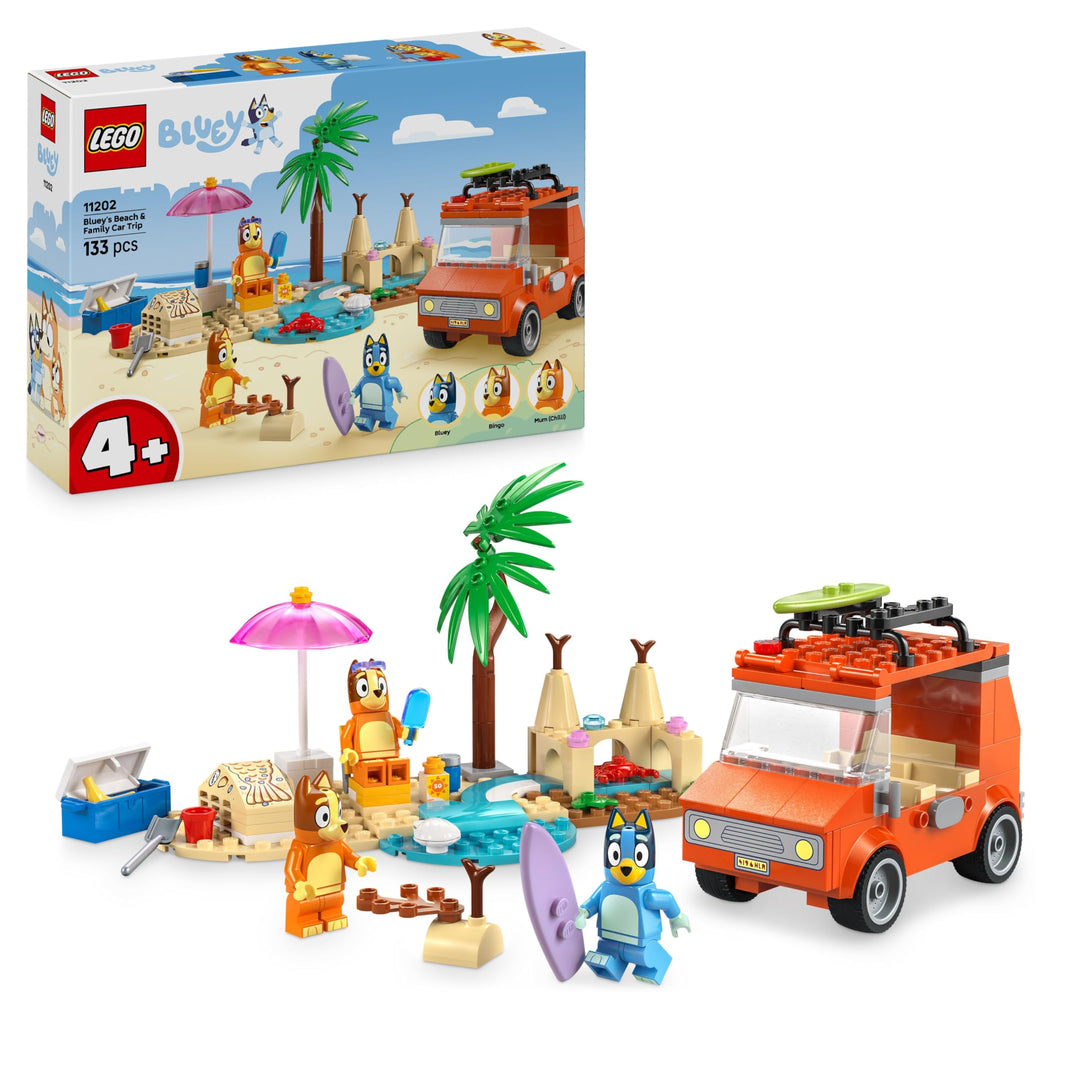 LEGO Bluey: Bluey's Beach & Family Car Trip Toy with 3 Minifigures incl. Bingo & Chilli, Plus 2 Surf