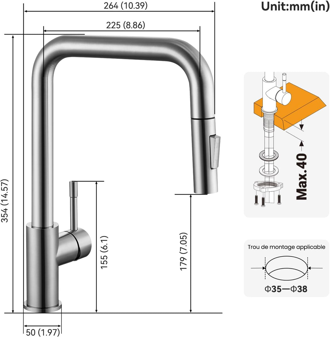 CECIPA Wasserhahn Küche, Küchenarmatur mit Brause Ausziehbar, Mischbatterie Küche mit 2 Strahlarten,