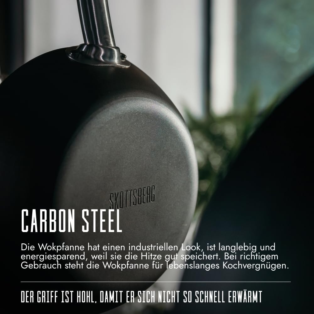 SKOTTSBERG Carbonstahl Wok - Ø 24 cm – vorgebrannt & PFAS‑frei, 2,5 mm Boden, hitze- & Kratzfest - f