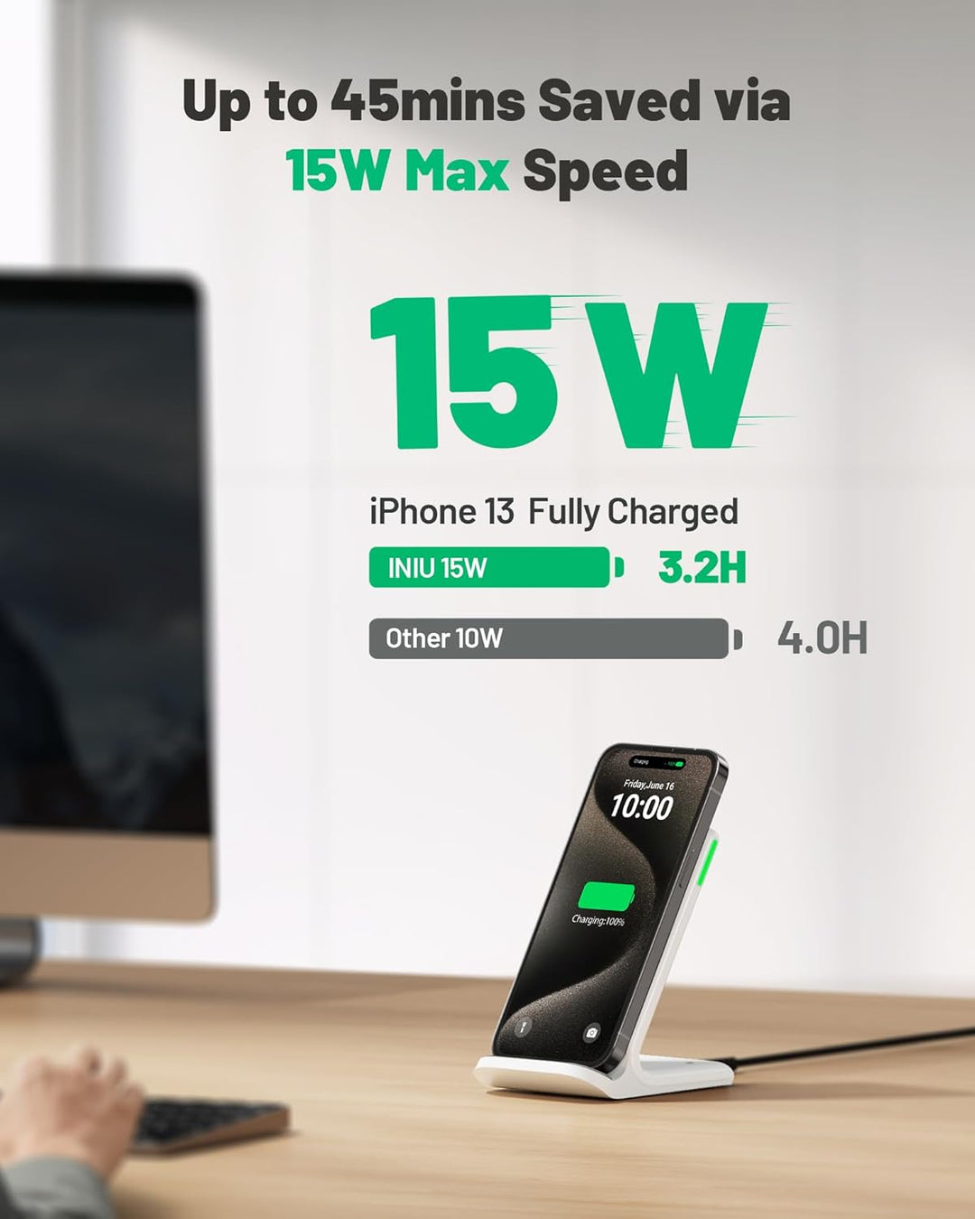 INIU Wireless Charger Stand, [Weisse, 15W] Induktive Ladestation Schnelles Qi Zertifiziert für iPhon