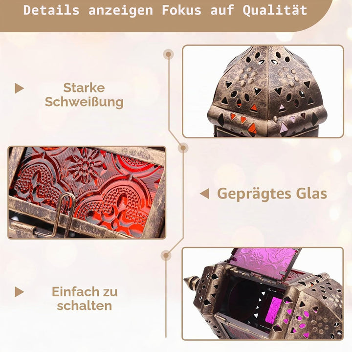 Nuptio Marokkanische Kerze Laterne Hängend Teelicht Kerzenhalter Metall &amp; Glas Ramadan Lampe Braun D