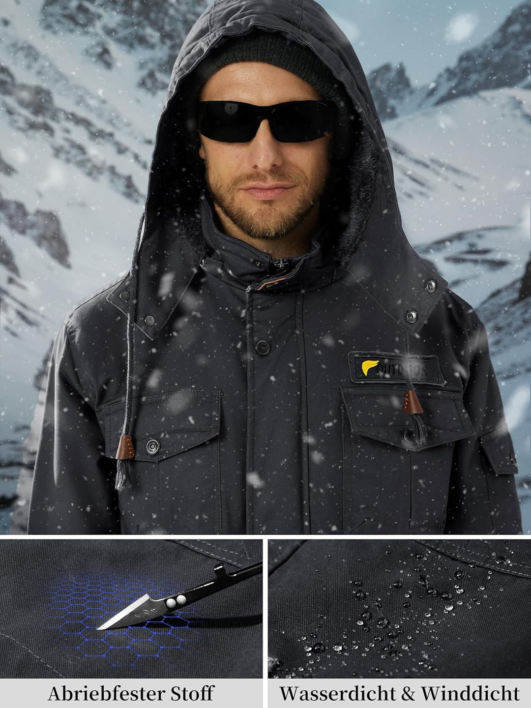 KEFITEVD Winterparka Herren Fleece Gefüttert Winterjacke mit Viele Taschen Kapuze Warm Winter Mantel