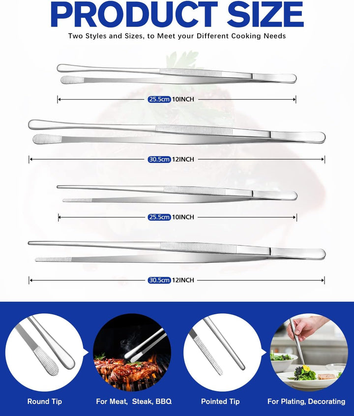 4 Stück feine Pinzettenzangen, 12'' und 10'' Edelstahl Pinzetten Set, Professionelle Silberne Küchen