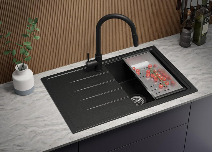 Granitspüle Schwarz 78x50 cm, Spülbecken + Ablauf-Set + Küchenarmatur 9050, Küchenspüle für 45er Unt
