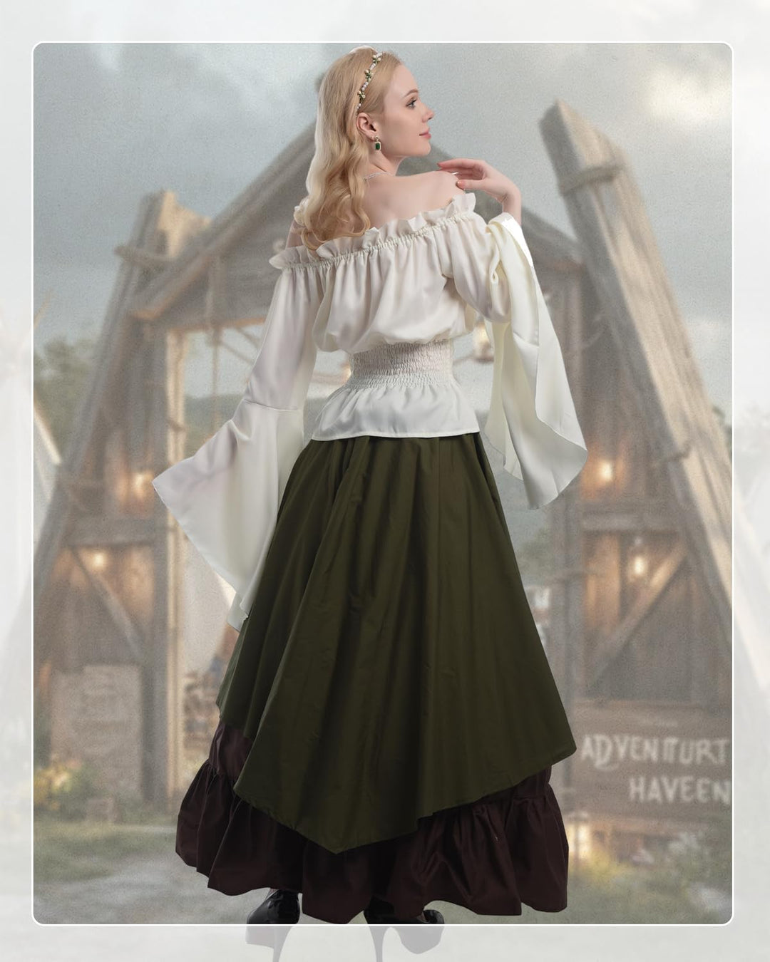 Renaissance Kleid Damen Mittelalter Kleidung Kostüme Fasching Set, Grün+braun S