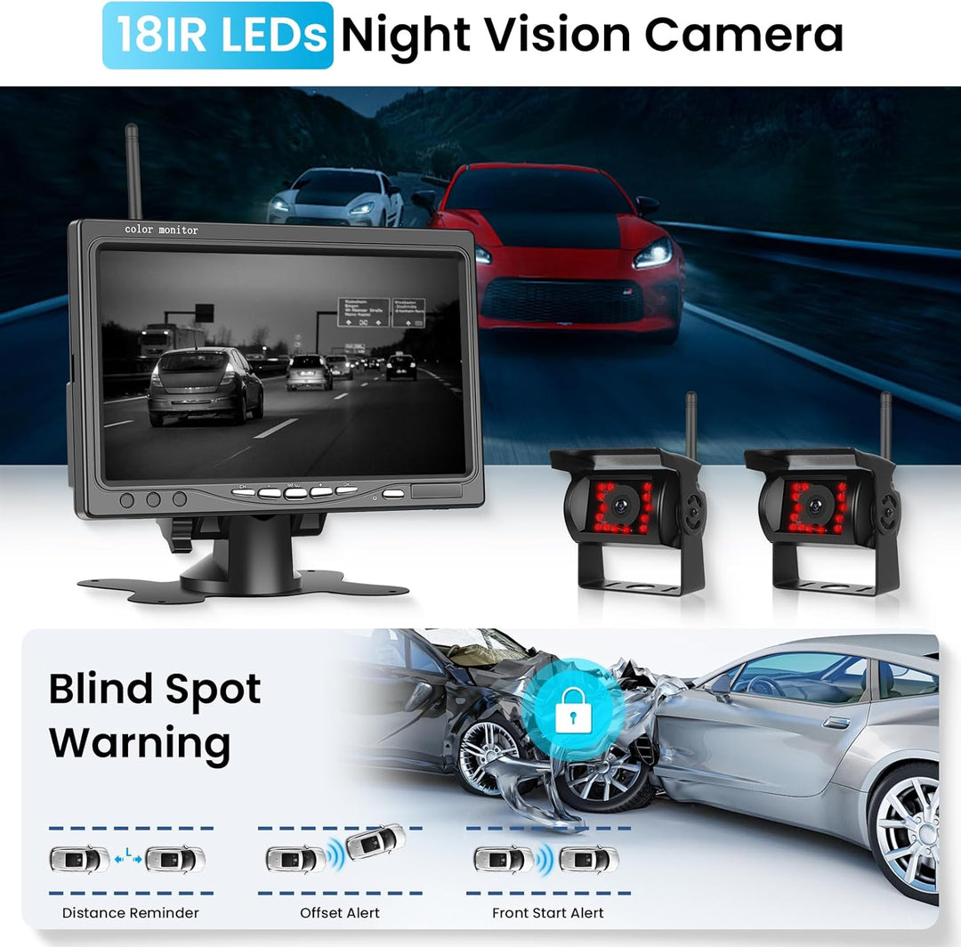 Drahtloses Rückfahrkamera Set mit 7-Zoll Monitor, 2 rückfahrkamera IP68 wasserdichte IR-Nachtsicht W