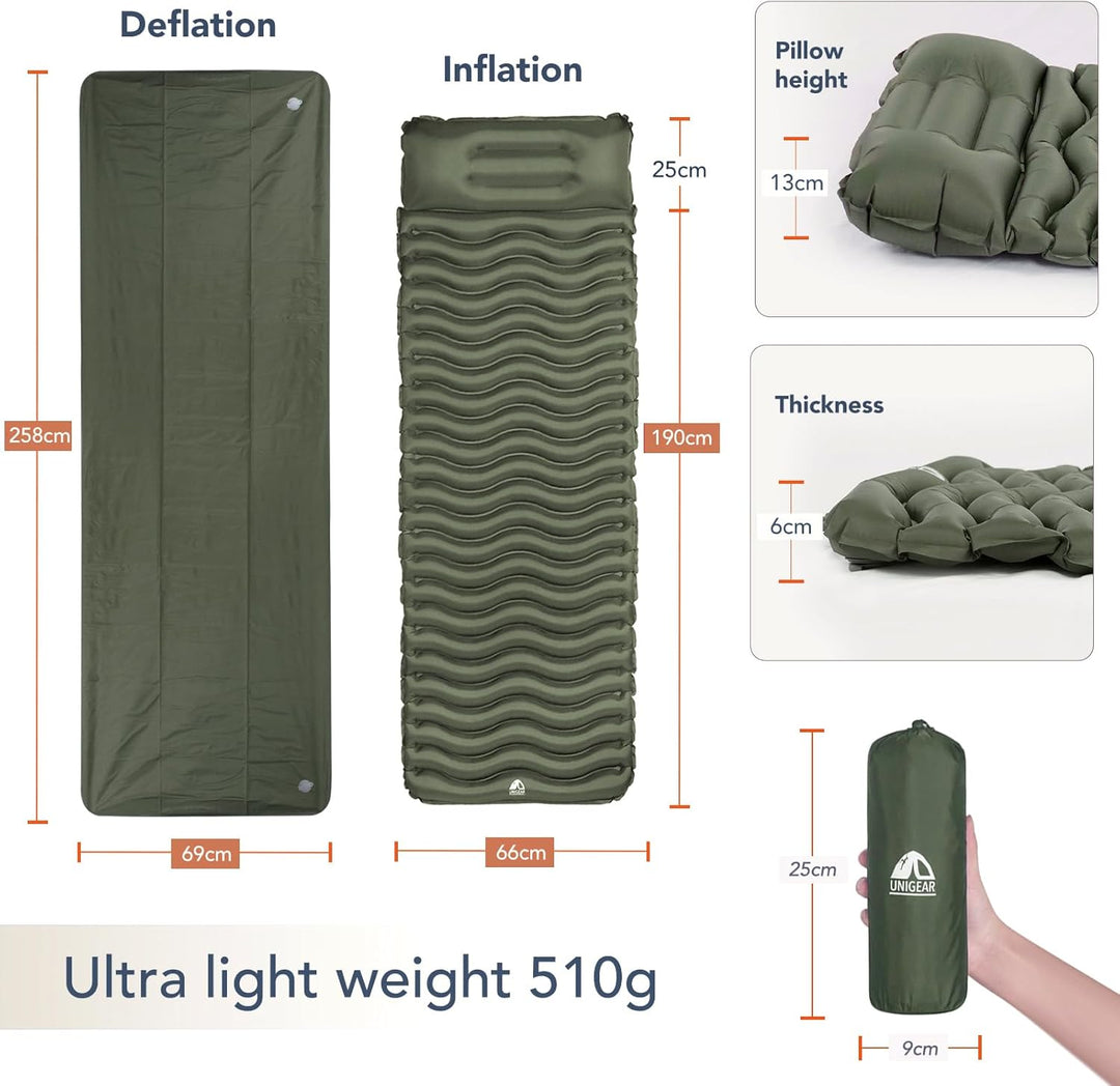 Unigear 500g ultraleichte Isomatte Camping Kleines Packmass, Aufblasbare Luftmatratze Schlafmatte Ca