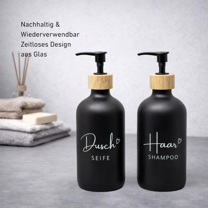BoBoU Seifenspender Glas 2er Set Schwarz 500 ml Duschseife & Haarshampoo mit Deutscher Handschrift-B