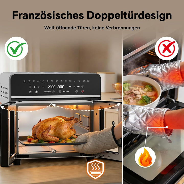 Heissluftfritteuse 23L XXL Mini Backofen mit Französischen Türen, 2600W Air Fryer Dual Zone mit Smar