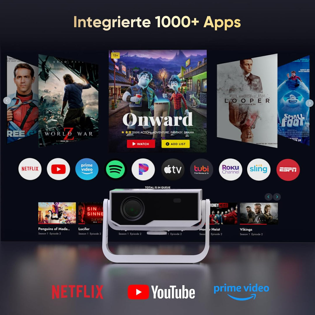 2025 Neuer Smart Beamer 4K Unterstützung, Android 11, Full HD 1080P, 25000 Lumens, WiFi 6 & BT 5.2,