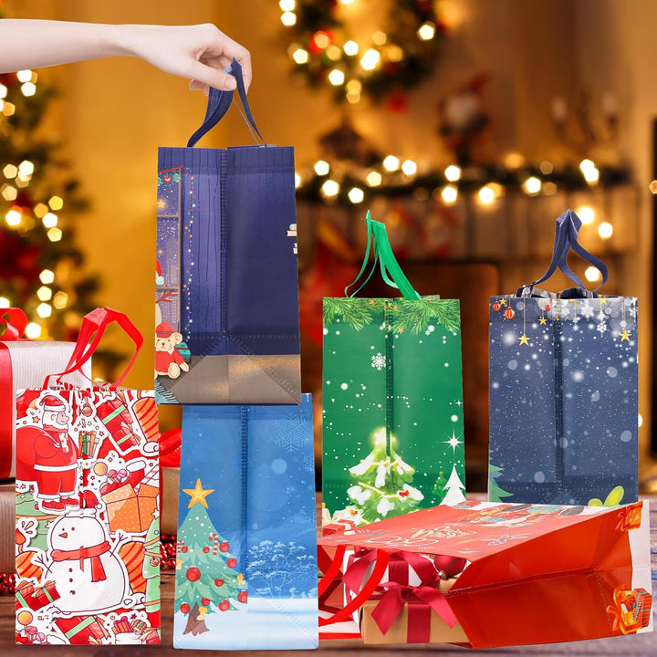 12 Stück Weihnachtstüten, Grosse Geschenktüten Weihnachten mit Griff, Wiederverwendbare Weihnachtsge