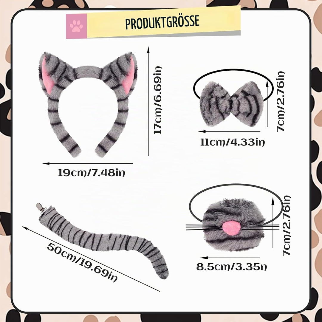 5 Stück getigerte Katzenkostüm-Accessoires für Mädchen, graues Katzenkostüm mit Stirnband, Nase, Fli