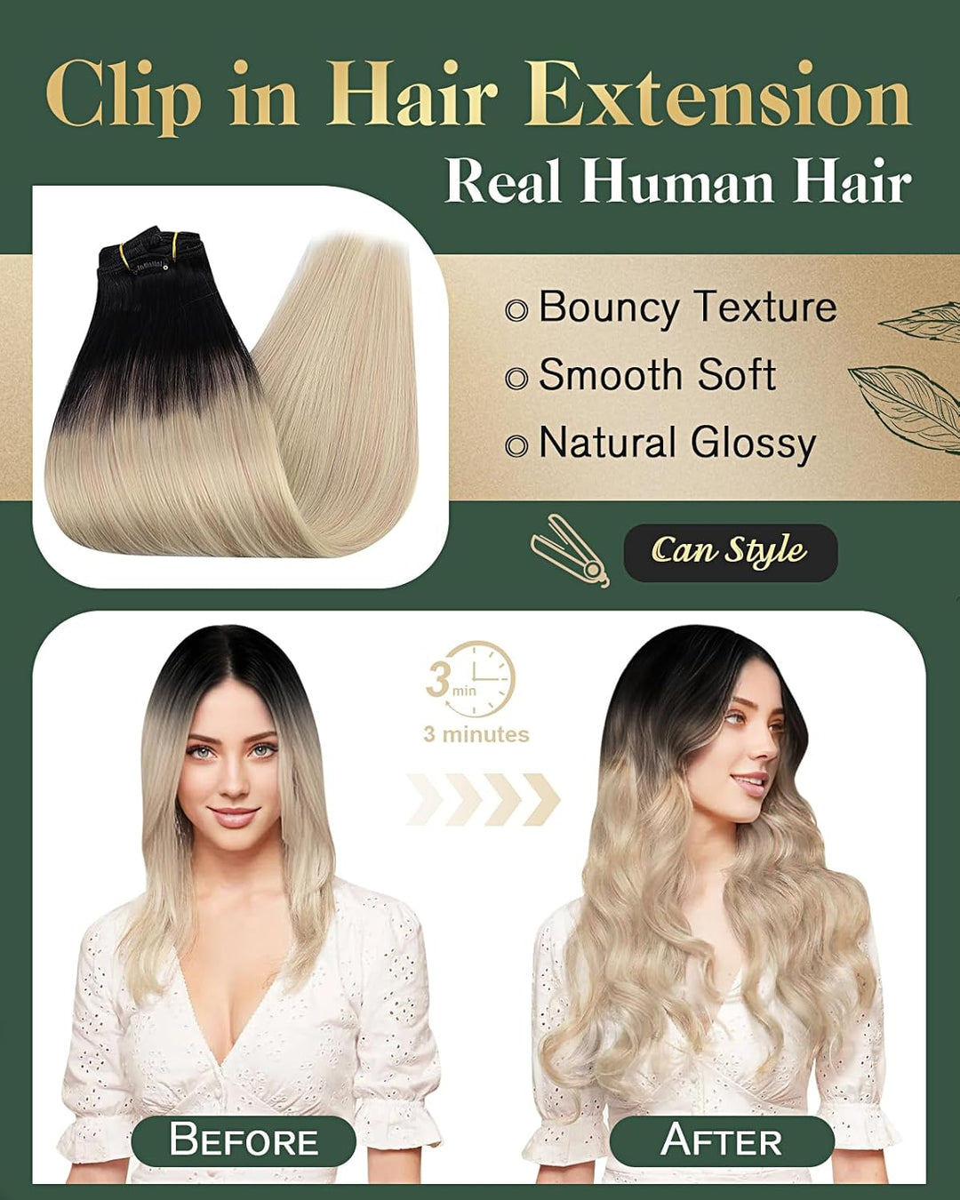 Ugeat Clip Extensions Echthaar Blond Balayage 50cm 120Gramm Echthaar Clip Extensions #1B/18/60 Black
