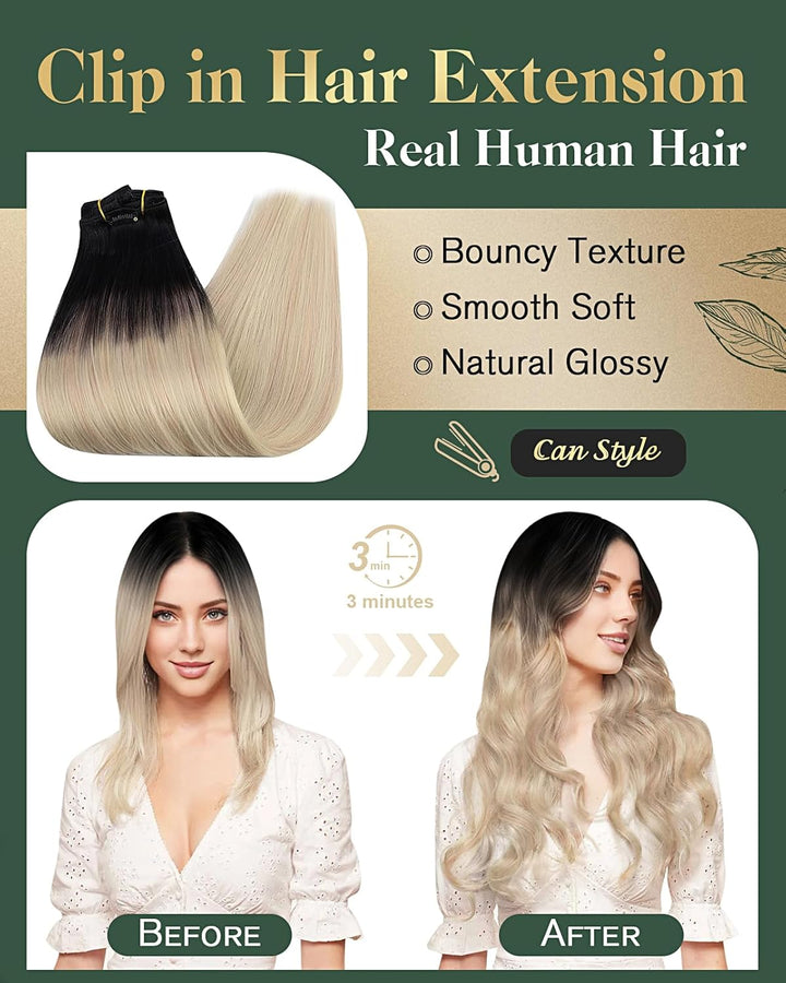 Ugeat Clip Extensions Echthaar Blond Balayage 50cm 120Gramm Echthaar Clip Extensions #1B/18/60 Black