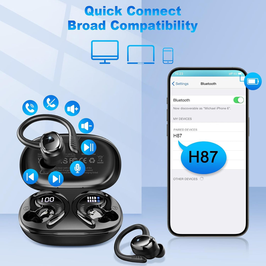 Bluetooth 5.4 Kopfhörer Sport, 2026 Kopfhörer Kabellos Bluetooth 6D Bass | App EQ Steuerung/4 ENC Mi