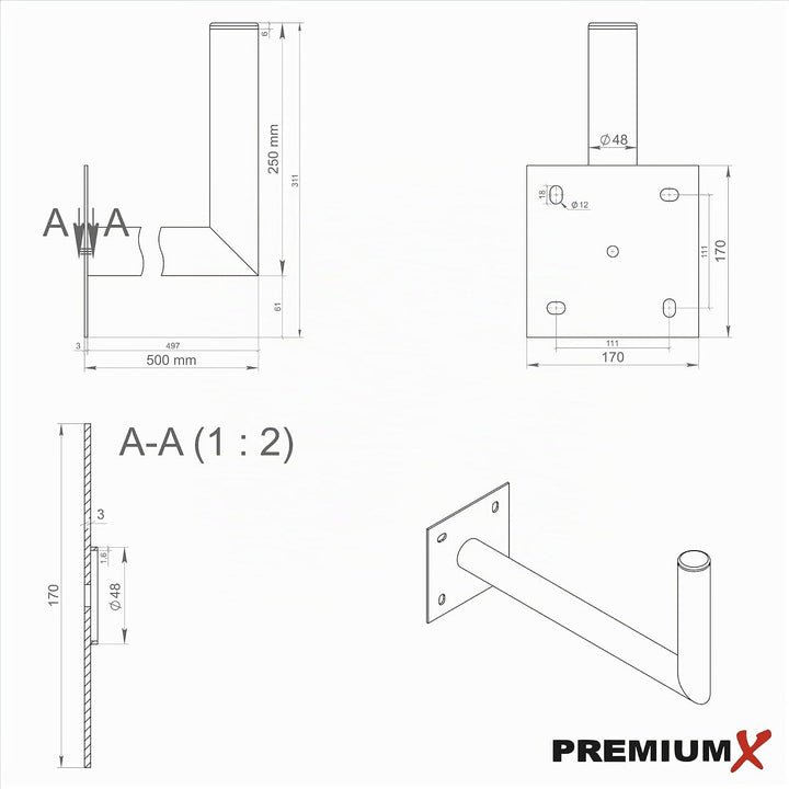 Premium X 45-50cm Wandhalter Stahl verzinkt SAT Antenne Wandhalterung Wand Montage Halter Fischer Sc