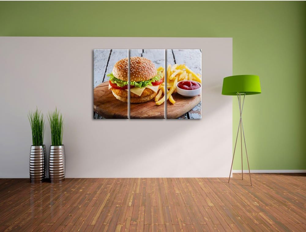 Pixxprint Chickenburger Pommes als Leinwandbild/Grösse: 3 Teilig (120x80 cm) cm/Wandbild/Kunstdruck/
