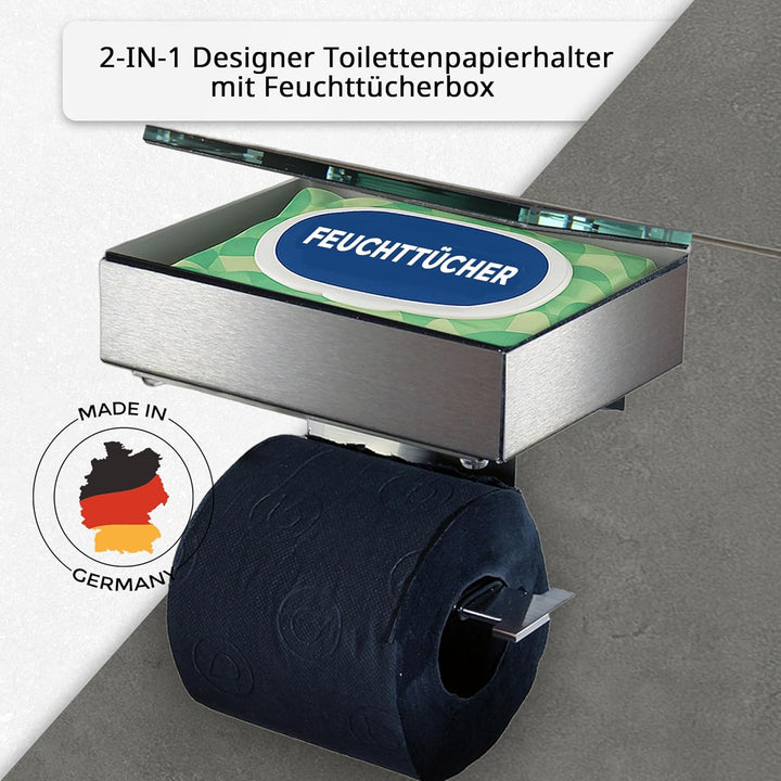 Toilettenpapierhalter mit Feuchttücherbox - Gehäuse Matt & Abdeckung Glas Schwarz - befüllbar von Re